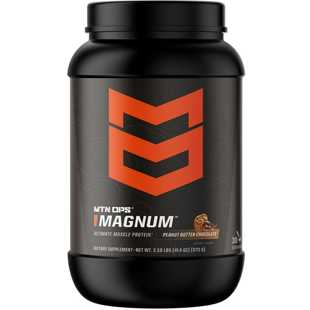 MTN OPS Magnum whey isolate tub in peanut butter chocolate flavor for high protein shakes.