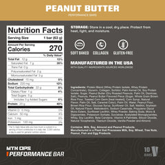 MTN OPS Peanut Butter Bliss bar nutrition panel shows 20g protein for workout recovery.