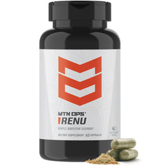 MTN OPS Renu bottle closeup showing gentle daily cleanse for digestion.