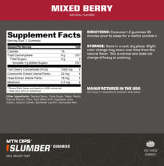 Close-up of MTN OPS Slumber gummies in mixed berry flavor for bedtime routine.