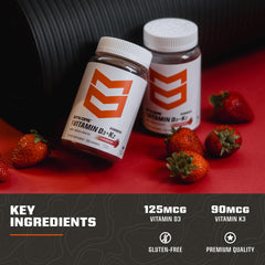 MTN OPS Vitamin D3 K2 Gummies close-up label reveals natural strawberry flavor