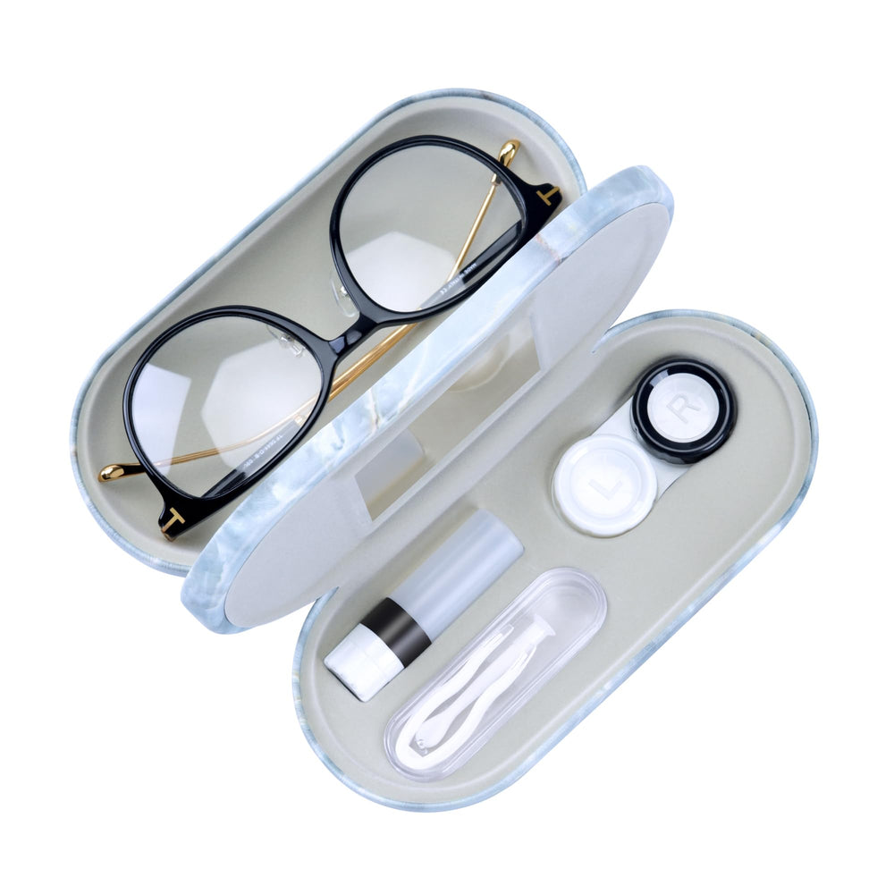 Muf 2 in 1 case with dual sides for glasses and lenses, compact and organized.