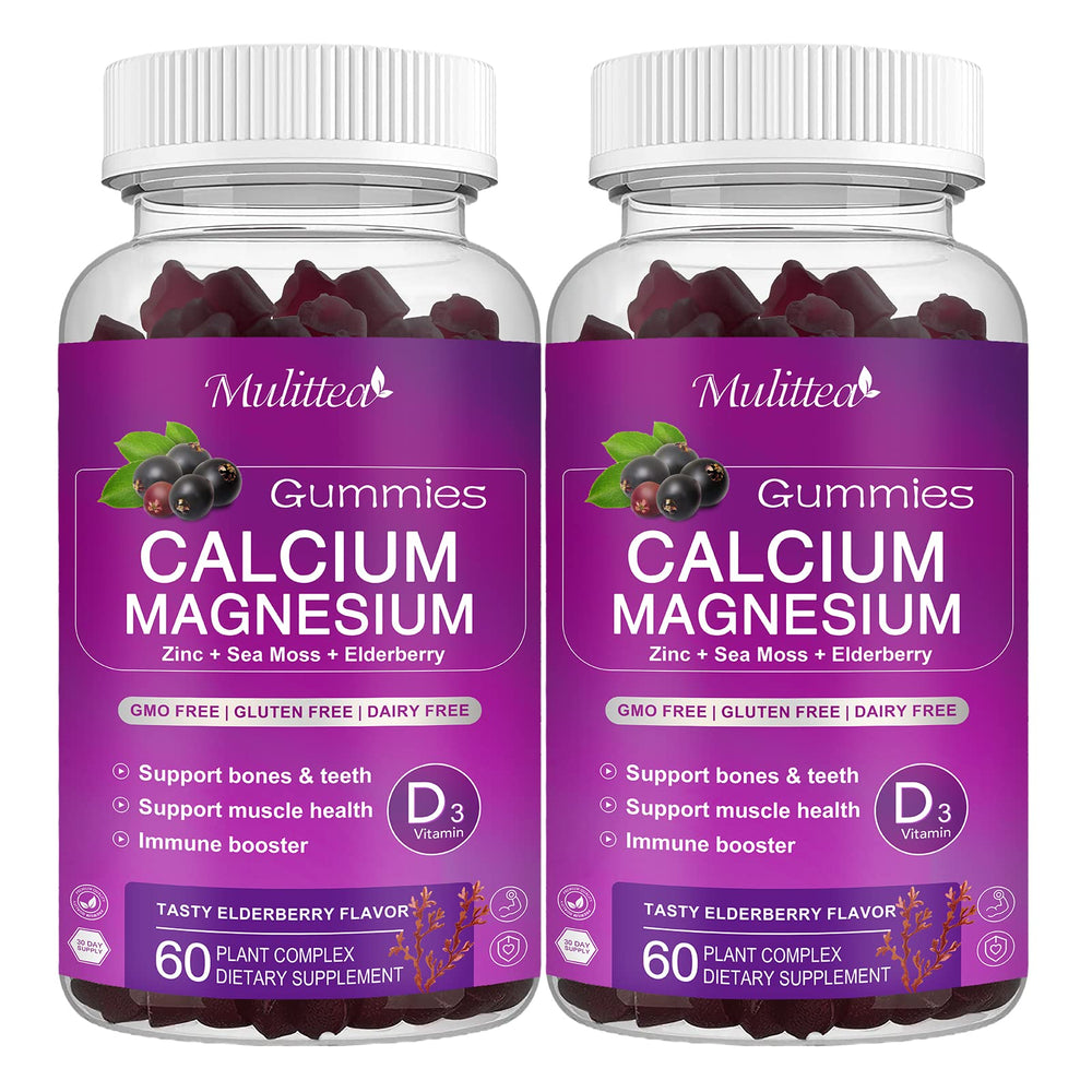 Mulittea Calcium Magnesium Zinc Gummies bottle close-up; tasty chewable for bone support and relaxation.