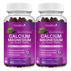 Mulittea Calcium Magnesium Zinc Gummies bottle close-up; tasty chewable for bone support and relaxation.