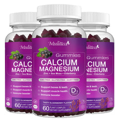 Mulittea calcium magnesium zinc gummies elderberry bottle promotes daily bone and muscle support.
