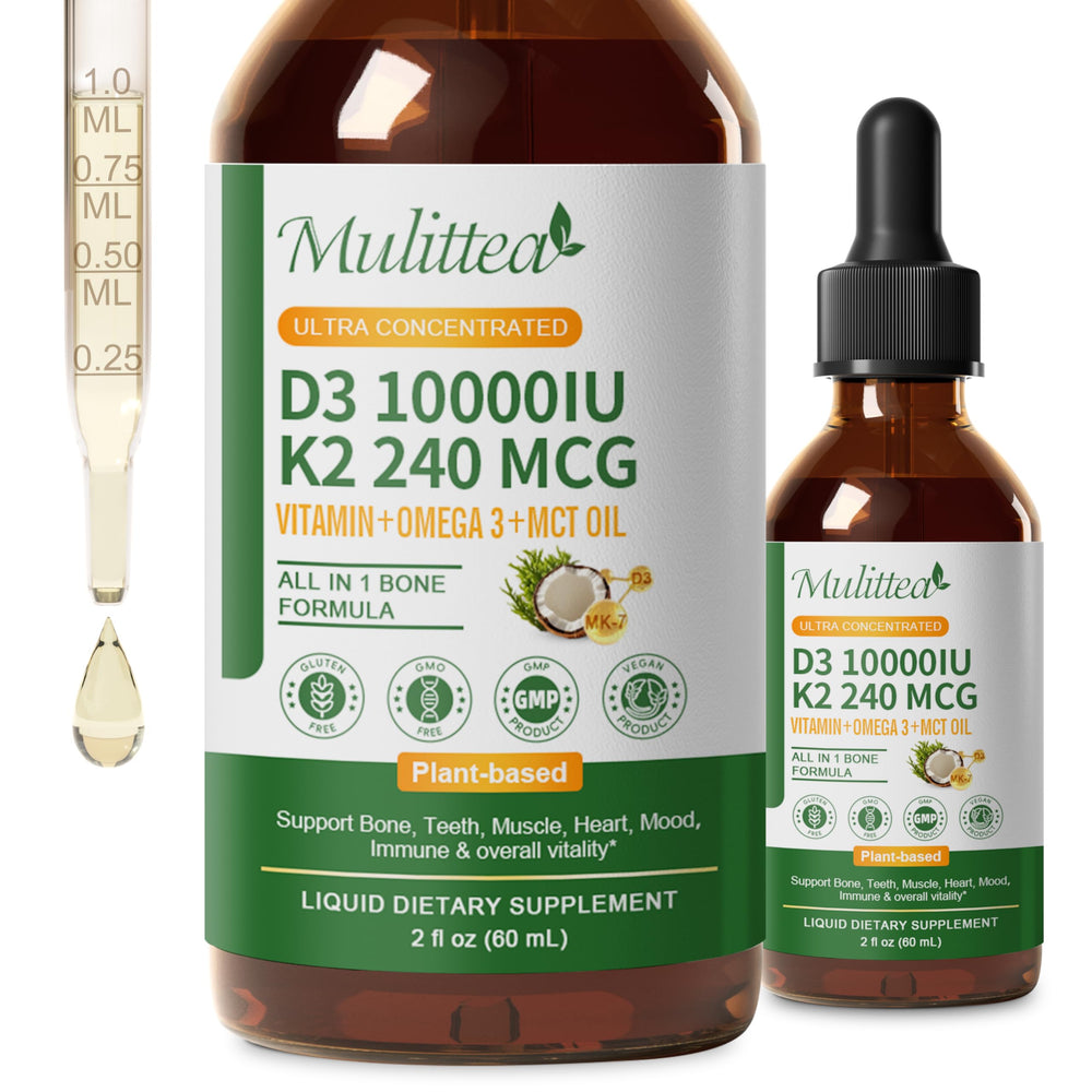 Mulittea D3 K2 liquid bottle front, highlighting a plant-based high absorption formula.