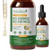 Mulittea D3 K2 liquid bottle front, highlighting a plant-based high absorption formula.