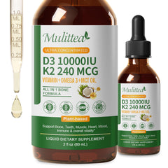 Mulittea D3 K2 liquid bottle front, highlighting a plant-based high absorption formula.