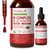Mulittea Methylated B Complex bottle-pour shows quick-uptake liquid drops.