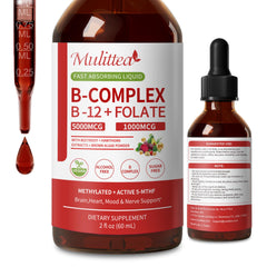Mulittea Methylated B Complex bottle-pour shows quick-uptake liquid drops.