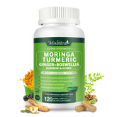 Mulittea Moringa Capsules bottle front showcases vegan 120-count packaging for immune-support.