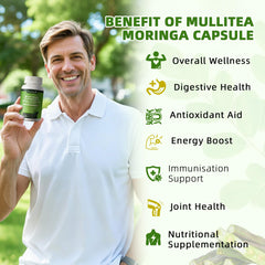 Mulittea Moringa capsules ingredients blend features turmeric, ginger, elderberry for antioxidant support.