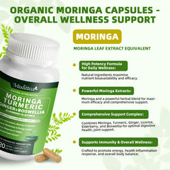 Mulittea Moringa Capsules ingredients panel lists all-natural, non-GMO components for clean nutrition.