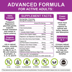 Mulittea sea moss and elderberry ingredients panel illustrating plant-based calcium complex.