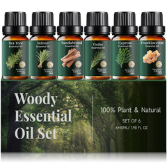 Mumianhua six-pack woody oils set packaging ideal for diffusing and gifting.