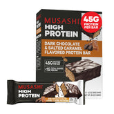 MUSASHI High Protein Bar: dark chocolate with salted caramel, rich post-workout flavor.
