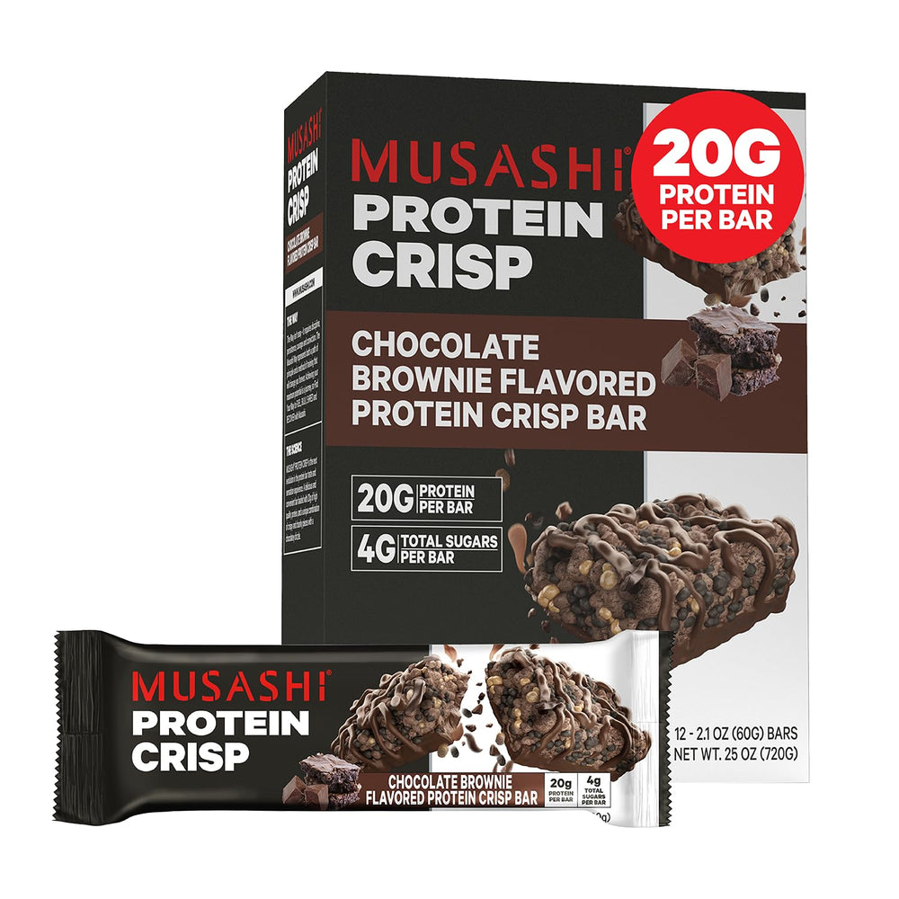 MUSASHI Protein Crisp Bar chocolate brownie packaging highlights a protein-packed snack option