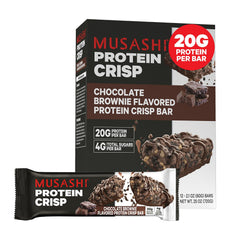 MUSASHI Protein Crisp Bar chocolate brownie packaging highlights a protein-packed snack option