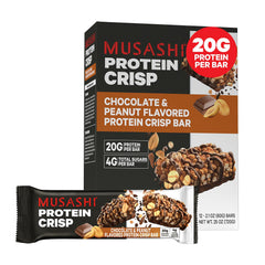 MUSASHI Protein Crisp Bar chocolate peanut close-up, a high-protein post-workout snack.