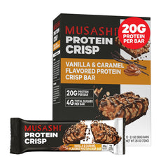 Musashi Protein Crisp Bar Vanilla Caramel pack, convenient post-workout snack.
