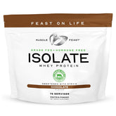 Muscle Feast grass-fed whey isolate chocolate package highlights clean label and source.