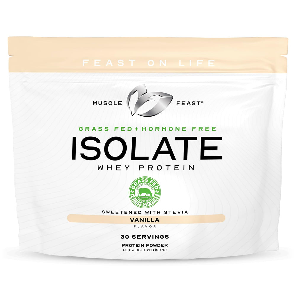Muscle Feast grass-fed whey protein isolate vanilla bottle for daily protein support.