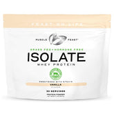 Muscle Feast grass-fed whey protein isolate vanilla bottle for daily protein support.