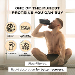 Muscle Feast vanilla whey isolate container highlights clean ingredients and label design.