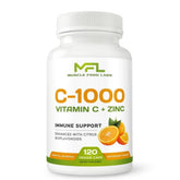Muscle Food Labs Vitamin C + Zinc bottle front showing daily, non-GMO formula.