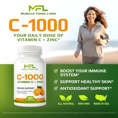 Muscle Food Labs Vitamin C + Zinc bottle with glass of water for easy swallowing.