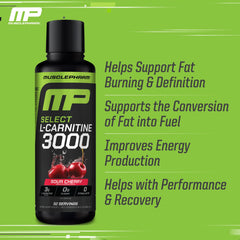 Close-up of MusclePharm L-Carnitine 3000 label highlighting stimulant-free energy