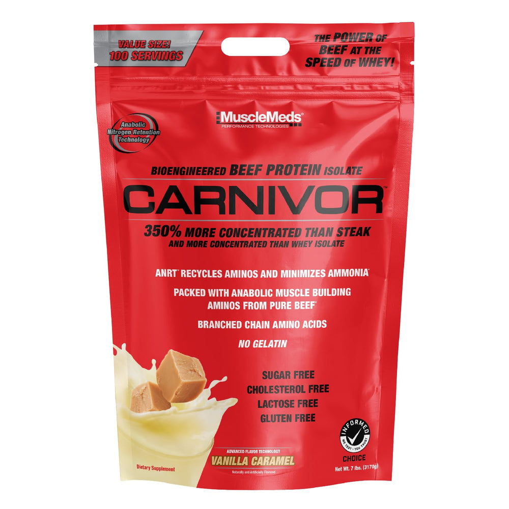 MuscleMeds Carnivor beef protein isolate tub front for lean muscles and clarity.