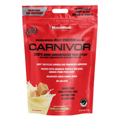 MuscleMeds Carnivor beef protein isolate tub front for lean muscles and clarity.