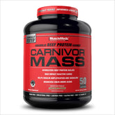 MuscleMeds Carnivor Mass beef protein bottle; high-protein formula supports post-workout recovery.