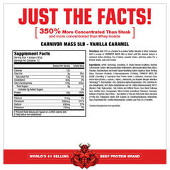 Nutrition panel close-up emphasizes 50g protein and 125g carbs per serving.