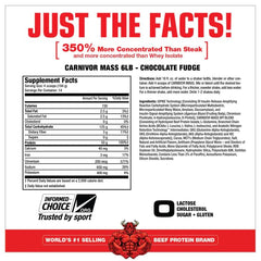 MuscleMeds Carnivor Mass label close-up; lactose-free beef protein shake benefits muscle nourishment.