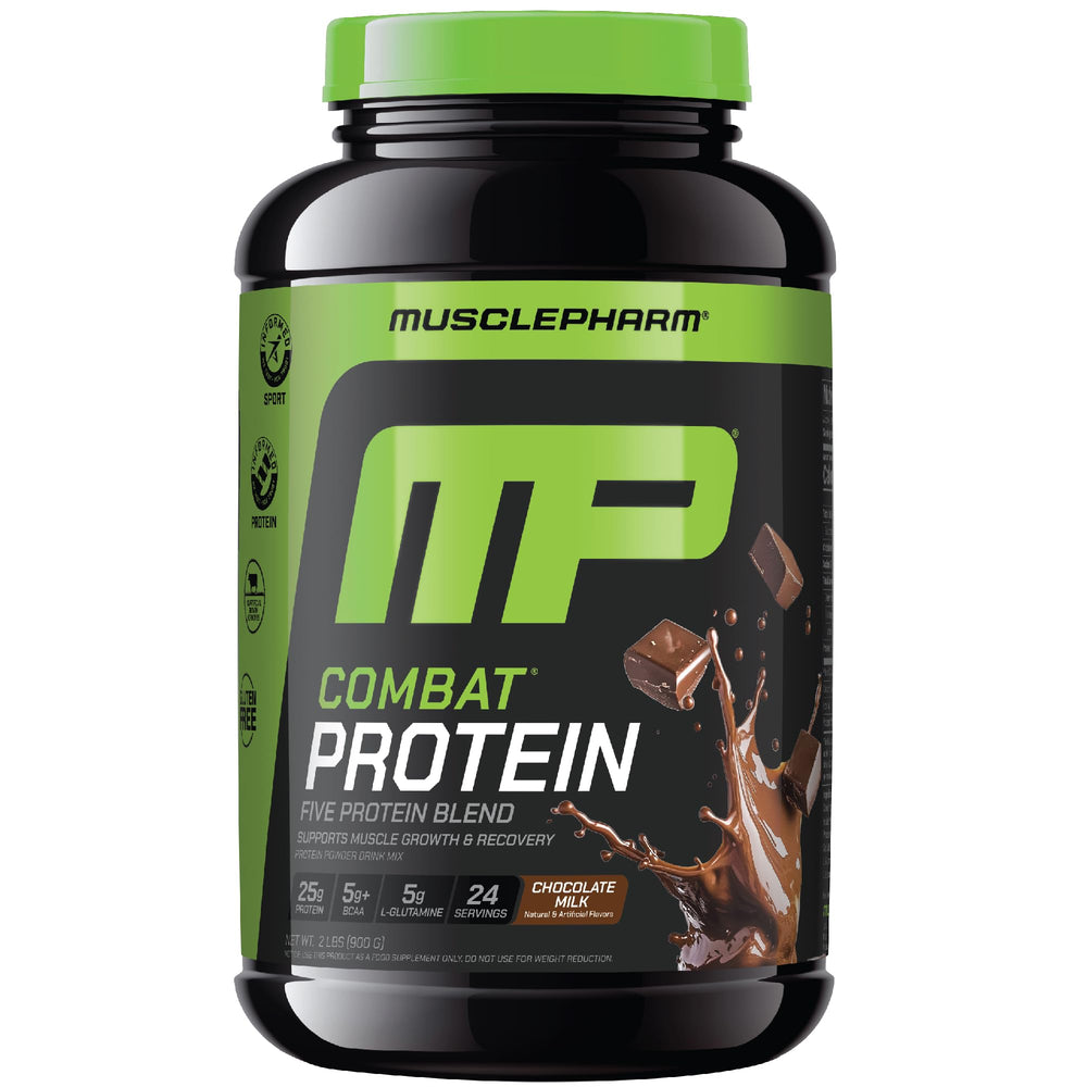 MusclePharm Combat Protein Powder chocolate milk tub highlighting 25g protein per serving.