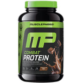 MusclePharm Combat Protein Powder chocolate milk tub highlighting 25g protein per serving.