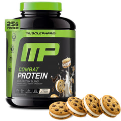 MusclePharm Combat Protein Powder Cookies 'N' Cream tub ready for post-workout fueling.
