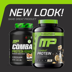 MusclePharm Combat Protein Powder scoop beside tub shows easy mixing.