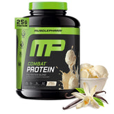 MusclePharm Combat Vanilla protein tub shows flavor and 25g protein per serving