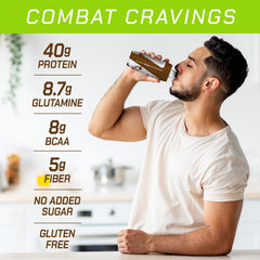 Gluten-free MusclePharm Combat Ready with no added sugar label visible.