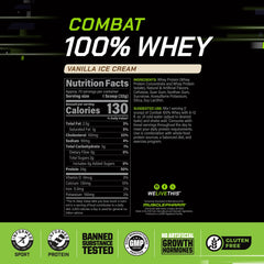 MusclePharm Combat whey vanilla powder being poured for fast digestion.