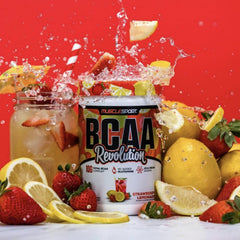 Glutamine peptides close-up on Musclesport BCAA Revolution label for post-workout recovery.