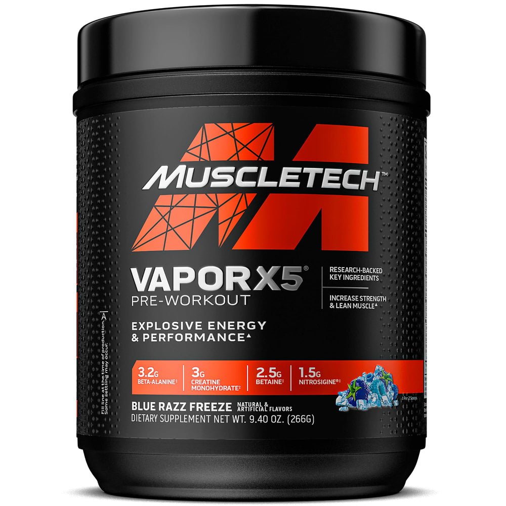 MuscleTech VaporX5 Blue Razz Freeze canister for an energized pre-workout session.