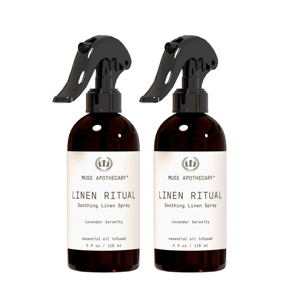 Muse Apothecary Linen Ritual bottle front with lavender, ready to refresh bedding.
