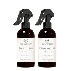 Muse Apothecary Linen Ritual bottle front with lavender, ready to refresh bedding.