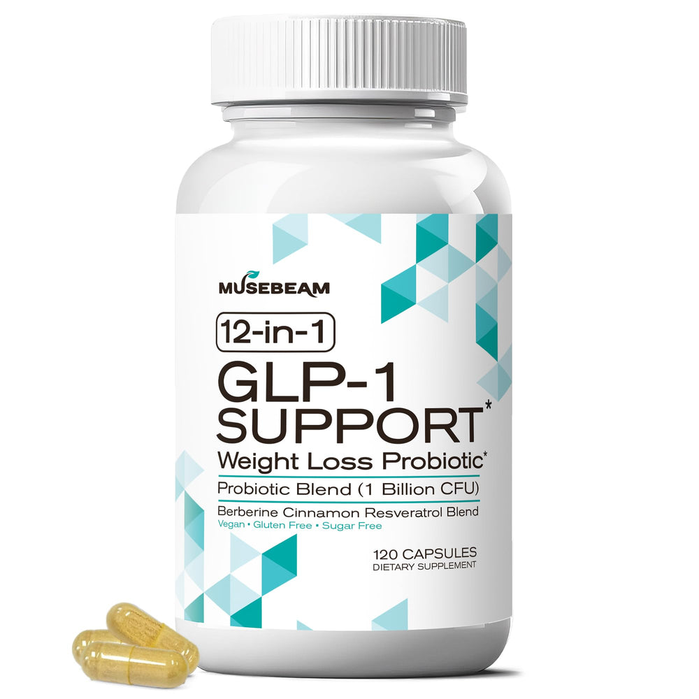 MuseBeam GLP-1 Probiotic bottle closeup highlighting natural appetite support and gut health.