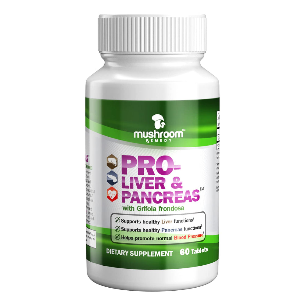 Mushroom Remedy PRO-Liver & Pancreas bottle shows vegan, non-GMO packaging for liver support