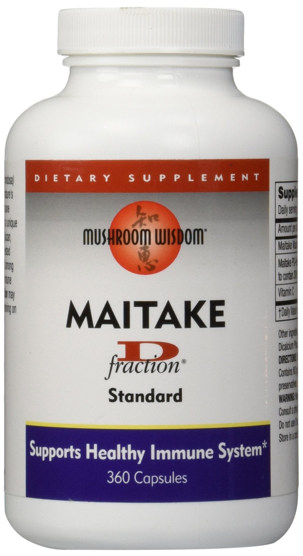 Mushroom Wisdom Maitake D-Fraction 360 capsules bottle, potential immune support.
